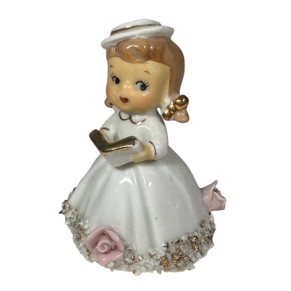 Vintage Lefton Bell Girl 3” Tall with Roses & Gold Trim